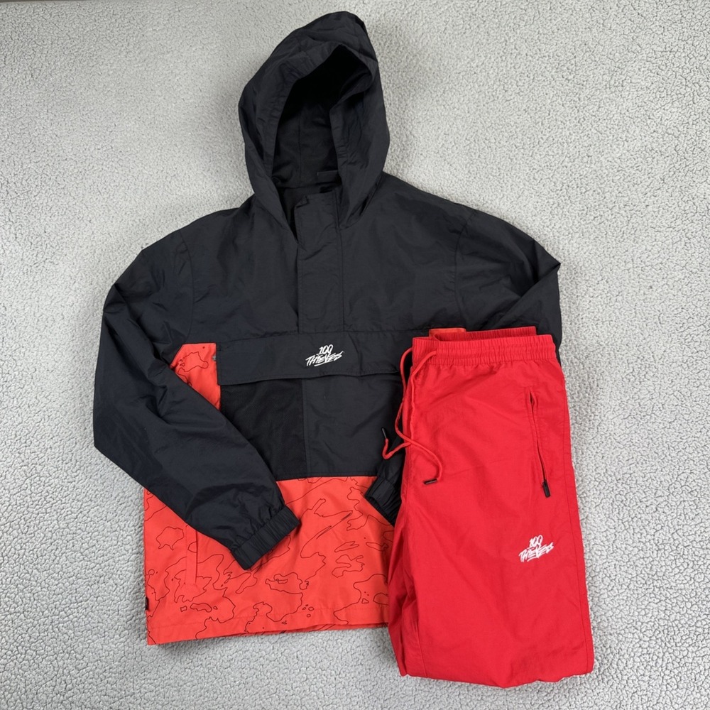 100 Thieves Windbreaker Track Suit Men Medium Red Black Foundations Geoprint